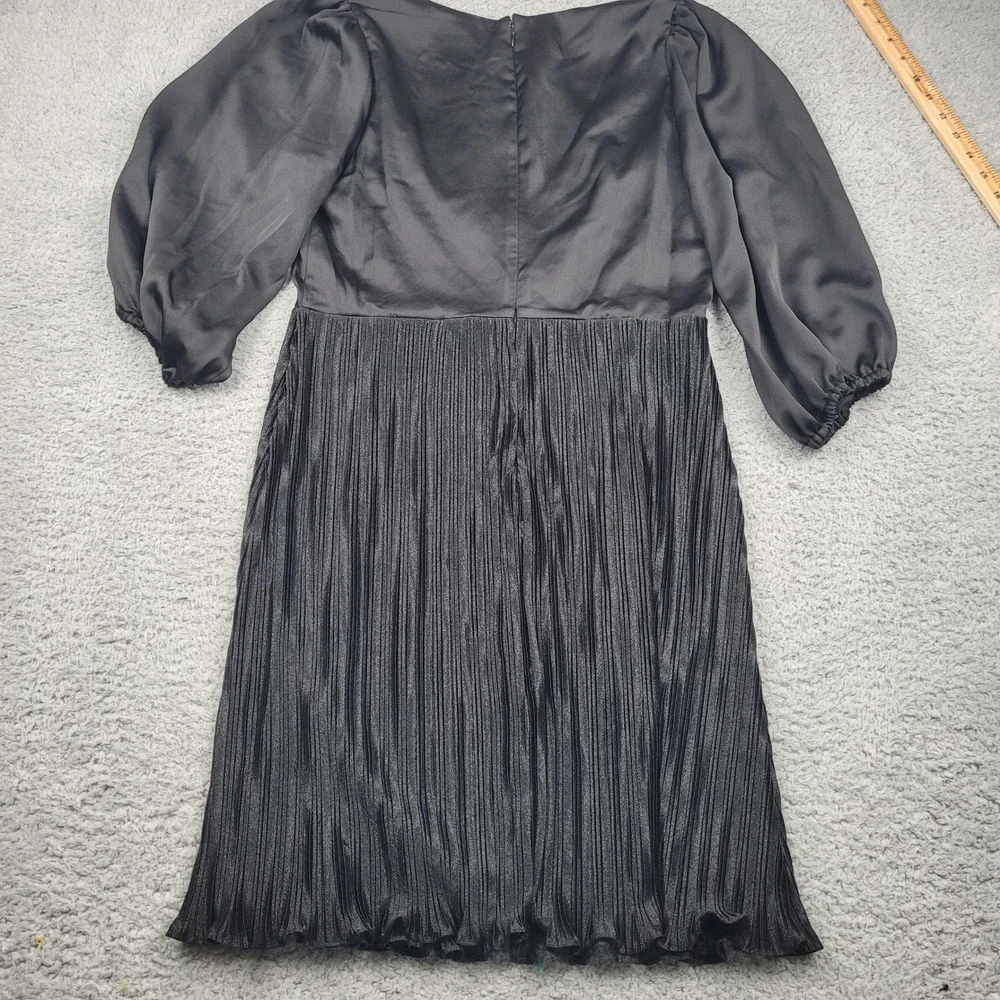 DKNY Black Dress Womens Size 10 Pleated‎ Midi Wrap V Neck Puff Long Sleeve